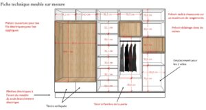 plan technique dressing entree sur mesure avec penderie et rangements bois