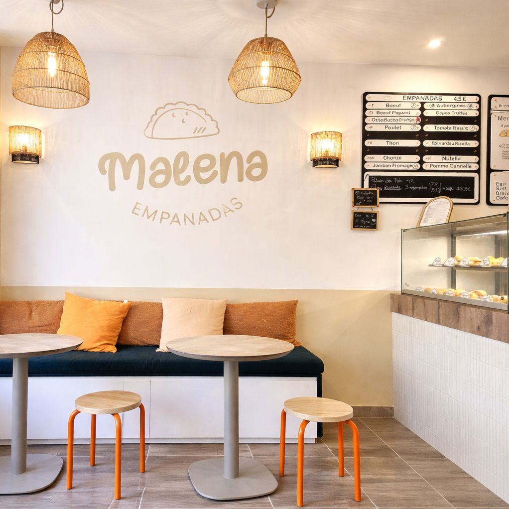 Aménagement restaurant à Versailles avec comptoir sur mesure et banquettes avec rangement