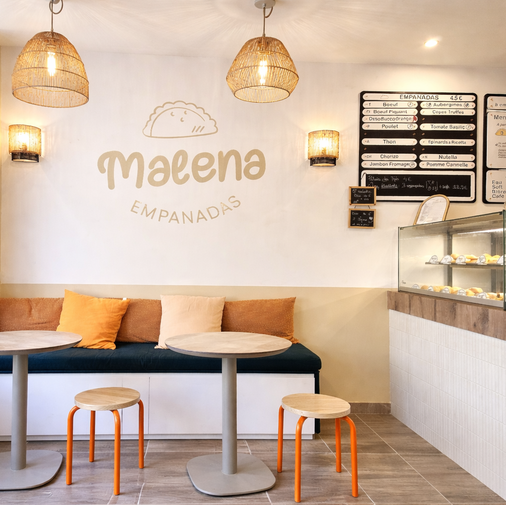 Aménagement restaurant à Versailles avec comptoir sur mesure et banquettes avec rangement