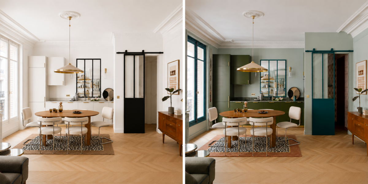Avant / après d'une cuisine ouverte dans un appartement parisien, comparaison entre une palette colorée vert sauge et une version aux tons neutres blancs et beiges.